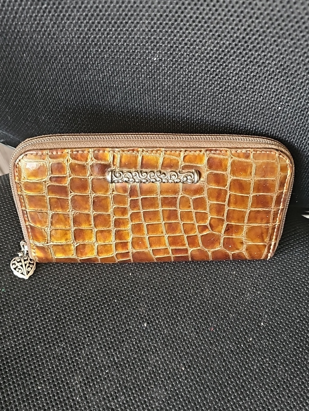 Brighton  Crocodile-Embossed Brown Zip Wallet with Silver Accent
